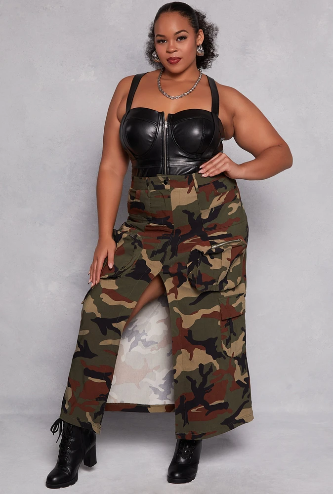 Womens Plus Size Camo Slit Front Maxi Cargo Skirt, Green, Size 3X