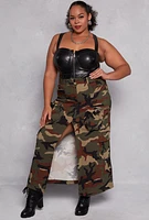 Womens Plus Size Camo Slit Front Maxi Cargo Skirt, Green, Size 1X