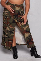 Womens Plus Size Camo Slit Front Maxi Cargo Skirt, Green, Size 3X