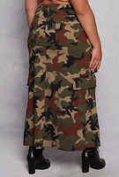 Womens Plus Size Camo Slit Front Maxi Cargo Skirt, Green, Size 3X