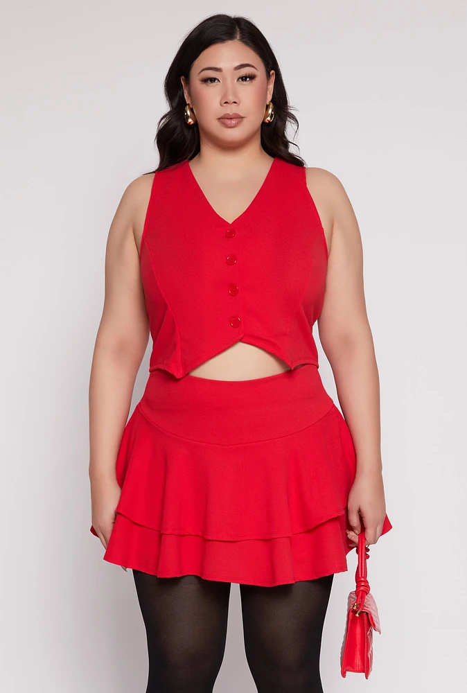 Womens Plus Crepe Knit Cropped Blazer Vest, Red,