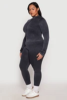 Womens Plus Size Seamless Acid Wash Mock Neck Track Jacket, Grey, Size 1X-2X