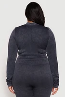 Womens Plus Size Seamless Acid Wash Mock Neck Track Jacket, Grey, Size 1X-2X