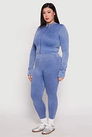 Womens Plus Size Seamless Acid Wash Mock Neck Track Jacket, Blue, Size 1X-2X