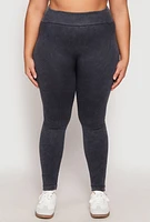 Womens Plus Size Seamless Acid Wash Compression Rib Leggings, Black, Size 1X-2X