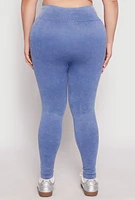 Womens Plus Size Seamless Acid Wash Compression Rib Leggings, Blue, Size 1X-2X