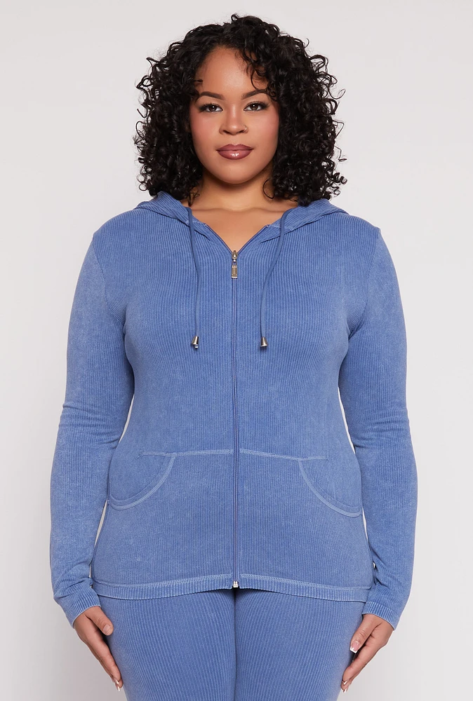 Womens Plus Size Seamless Acid Wash Zip Front Hoodie, Blue, Size 2X-3X