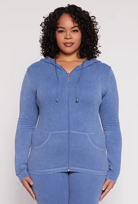 Womens Plus Size Seamless Acid Wash Zip Front Hoodie, Blue, Size 2X-3X