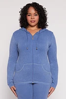 Womens Plus Size Seamless Acid Wash Zip Front Hoodie, Blue, Size 2X-3X