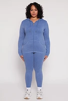 Womens Plus Size Seamless Acid Wash Zip Front Hoodie, Blue, Size 2X-3X