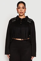 Womens Plus Faux Suede Fringe Cropped Jacket,