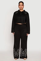 Womens Plus Size Faux Suede Fringe Cropped Jacket, Black, Size 1X