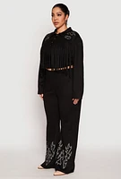 Womens Plus Faux Suede Fringe Cropped Jacket,