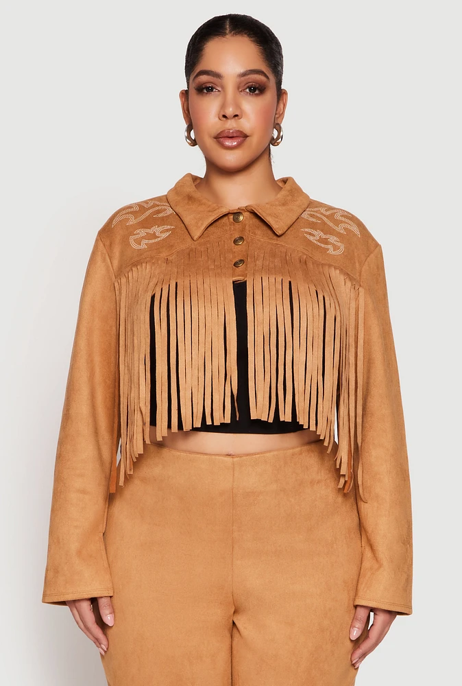 Womens Plus Faux Suede Fringe Cropped Jacket, Brown,