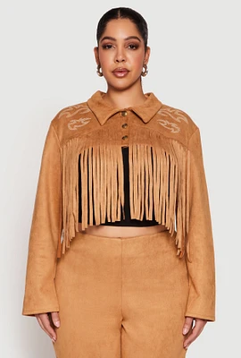 Womens Plus Faux Suede Fringe Cropped Jacket, Brown,