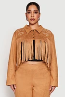 Womens Plus Size Faux Suede Fringe Cropped Jacket, Brown, Size 2X