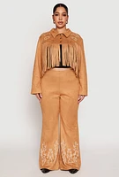 Womens Plus Size Faux Suede Fringe Cropped Jacket, Brown, Size 2X