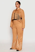 Womens Plus Size Faux Suede Fringe Cropped Jacket, Brown, Size 2X