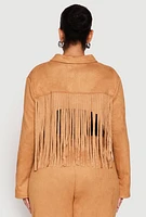 Womens Plus Faux Suede Fringe Cropped Jacket, Brown,