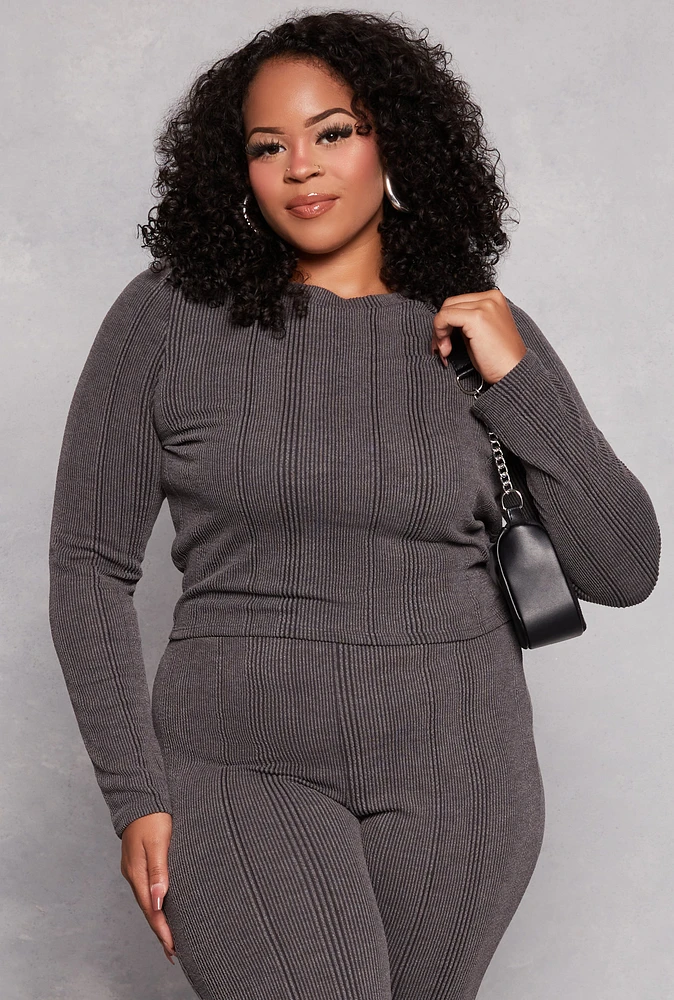 Womens Plus Ribbed Crew Neck Long Sleeve Top, Black,