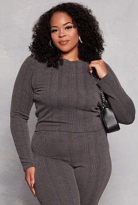 Womens Plus Ribbed Crew Neck Long Sleeve Top, Black,