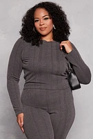 Womens Plus Ribbed Crew Neck Long Sleeve Top, Black,