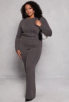 Womens Plus Ribbed Crew Neck Long Sleeve Top, Black,