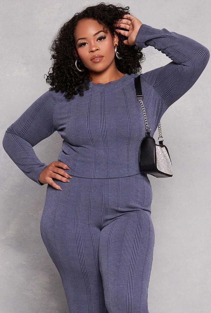 Womens Plus Size Ribbed Crew Neck Long Sleeve Top, Blue, Size 1X