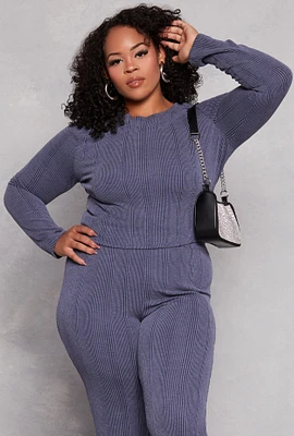 Womens Plus Size Ribbed Crew Neck Long Sleeve Top, Blue, Size 1X