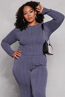 Womens Plus Size Ribbed Crew Neck Long Sleeve Top, Blue, Size 1X