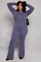 Womens Plus Size Ribbed Crew Neck Long Sleeve Top, Blue, Size 1X