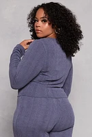 Womens Plus Size Ribbed Crew Neck Long Sleeve Top, Blue, Size 1X