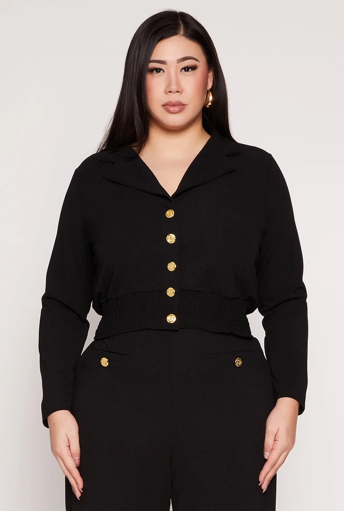 Womens Plus Size Button Front Smocked Blouse, Black, Size 1X