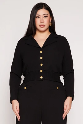 Womens Plus Size Button Front Smocked Blouse, Black, Size 1X