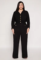 Womens Plus Size Button Front Smocked Blouse, Black, Size 1X