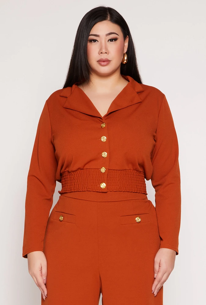 Womens Plus Size Button Front Smocked Blouse, Orange, Size 1X