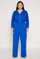 Womens Plus Size Button Front Smocked Blouse, Blue, Size 2X