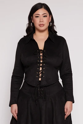 Womens Plus Size Faux Suede Lace Up Top, Black, Size 3X