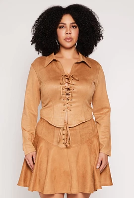 Womens Plus Size Faux Suede Lace Up Top, Beige, Size 3X