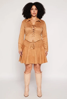 Womens Plus Size Faux Suede Lace Up Skirt, Khaki, Size 2X