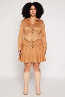 Womens Plus Size Faux Suede Lace Up Skirt, Khaki, Size 2X