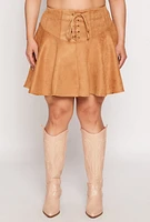 Womens Plus Size Faux Suede Lace Up Skirt, Khaki, Size 2X