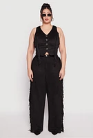 Womens Plus Size Faux Suede Fringe Vest, Black, Size 2X