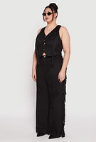 Womens Plus Size Faux Suede Fringe Vest, Black, Size 2X
