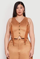 Womens Plus Size Faux Suede Fringe Vest, Brown, Size 3X