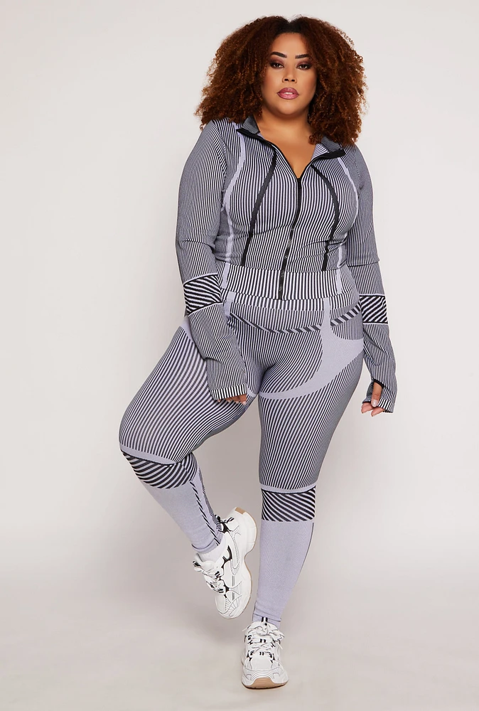 Womens Plus Size Seamless Striped Activewear Leggings, Grey, Size 2X-3X