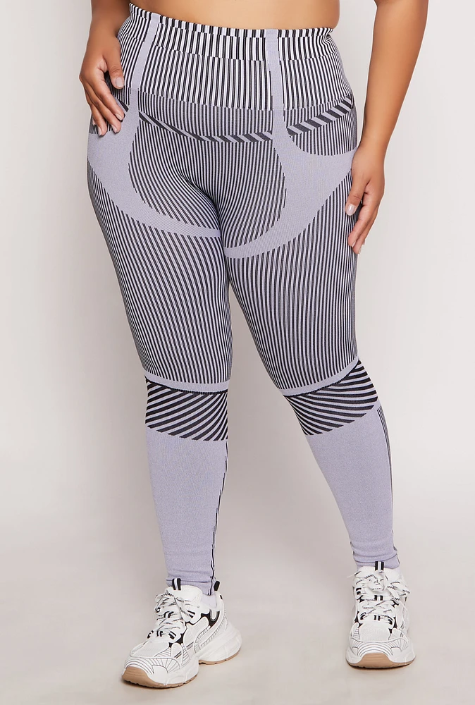 Womens Plus Size Seamless Striped Activewear Leggings, Grey, Size 2X-3X