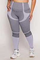 Womens Plus Size Seamless Striped Activewear Leggings, Grey, Size 1X-2X