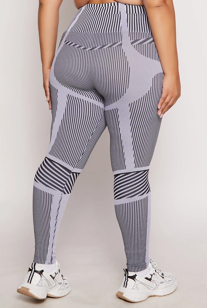 Womens Plus Size Seamless Striped Activewear Leggings, Grey, Size 2X-3X