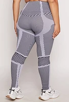 Womens Plus Size Seamless Striped Activewear Leggings, Grey, Size 1X-2X